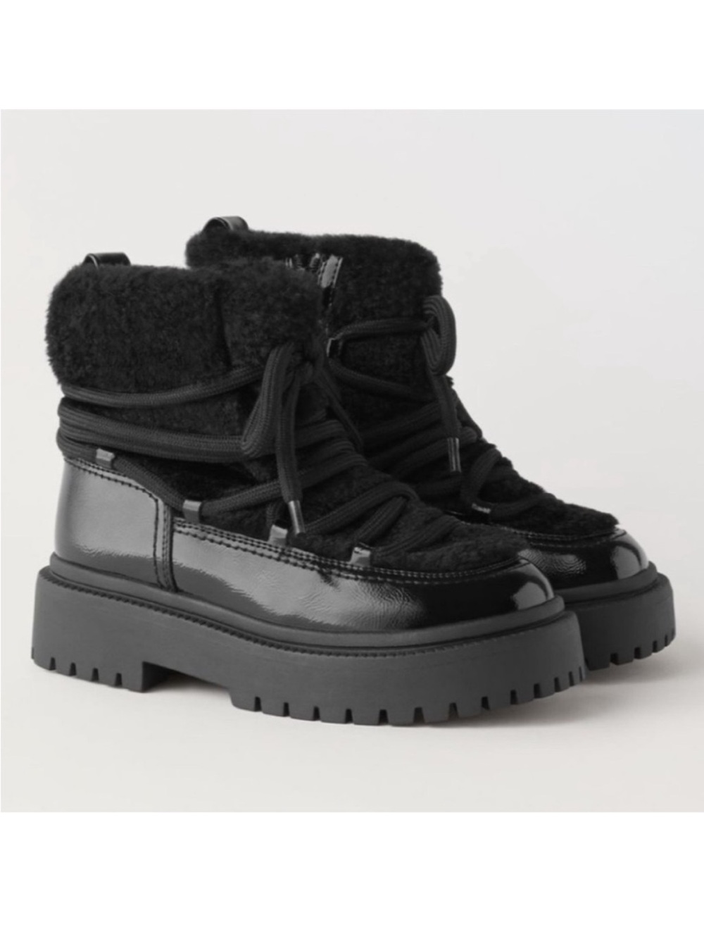 Zara Girls Black Faux-Shearling Lug Ankle Boots